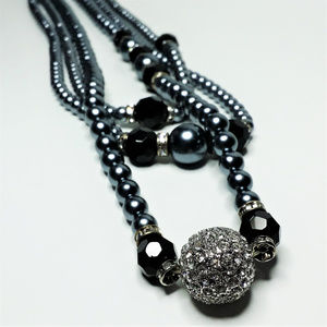Triple Strand Faux Black Pearl Long Necklace